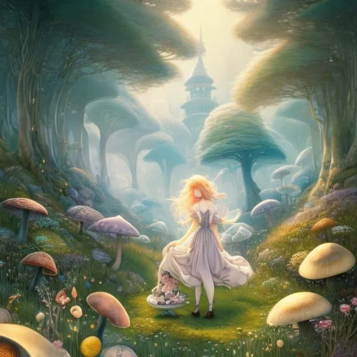 Prompt: Lisbeth Zwerger, Arthur Rackham, Millicent Sowerby, David Revoy, surreal, mysterious, strange, fantastical, fantasy, Sci-fi fantasy, anime, beautiful girl Alice, blonde, giant mushroom forest, with a cat, adventure picnic, hyper detailed masterpiece high resolution definition quality, depth of field cinematic lighting 