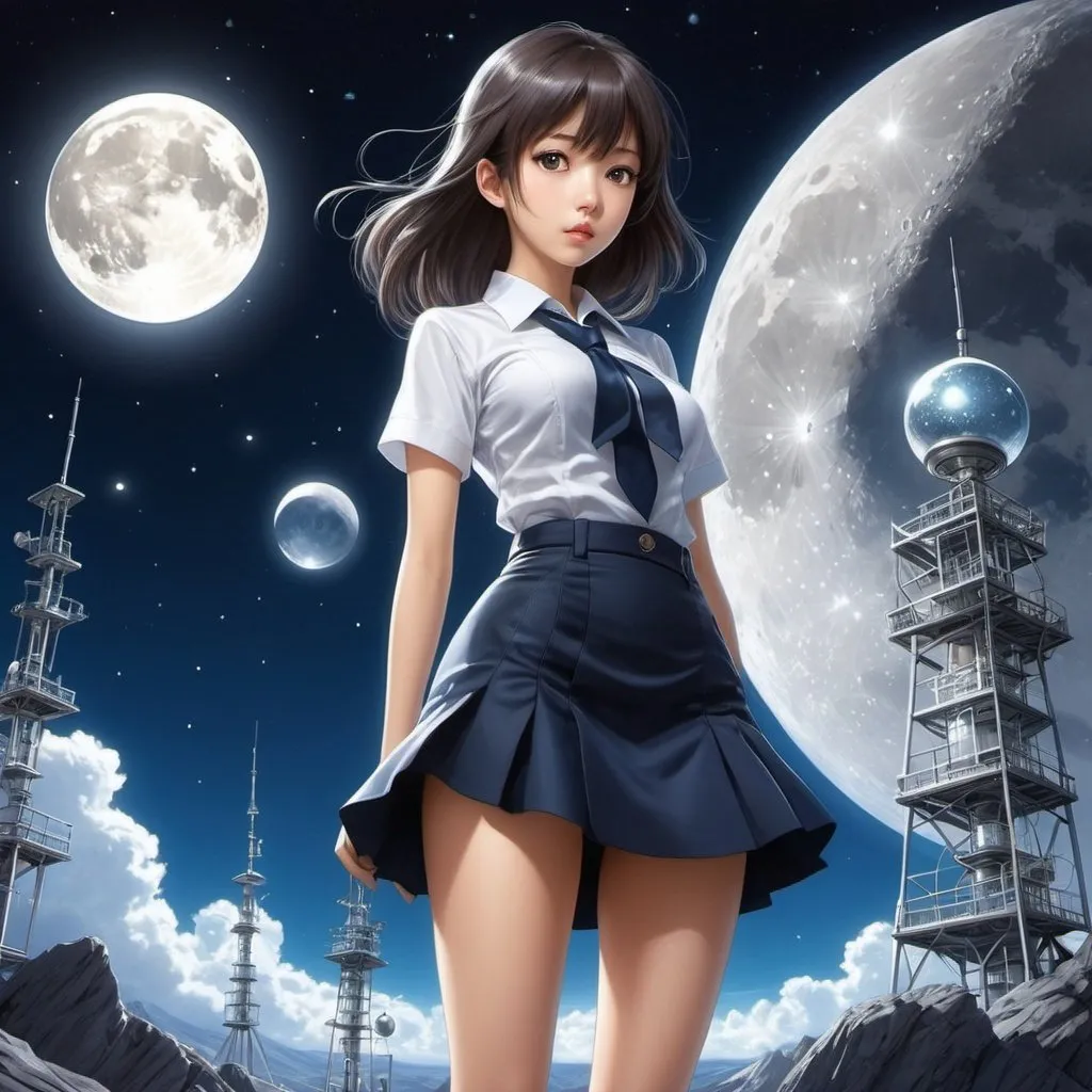 Prompt: Ludmila Zeman, Keiichi Okamoto, Štěpán Zavřel, Surrealism, mysterious, bizarre, fantastical, fantasy, Sci-fi, Japanese anime, miniskirt beautiful girl researcher who finds the moon in a microscope, perfect voluminous body, surprised diamond lens, detailed masterpiece 