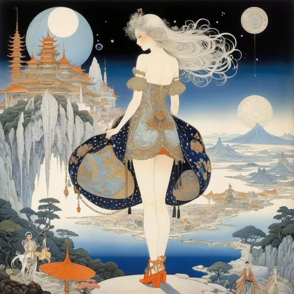 Prompt: Kay Nielsen, Walter Crane, Katsuya Terada, Leonora Carrington, Surrealism Mysterious Weird Fantastic Fantasy Sci-fi, Japanese Anime, Miniskirt Beautiful Girl Time Traveler's Bag, perfect voluminous body, map of time, detailed masterpiece 