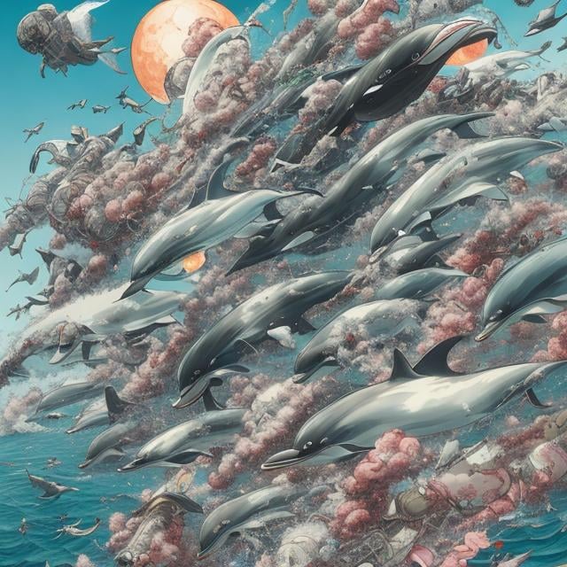 Prompt: Katsuhiro Otomo, Japanese anime, manga lines, Japanese school girl free falling through air, moon tide, flock of dolphins swimming in the air, surreal strange weird wonderful sci-fi fantasy, hyperdetailed high resolution high quality high definition masterpiece 