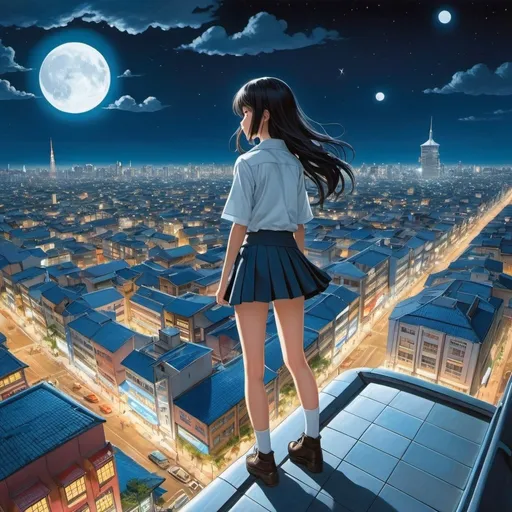 Prompt: Naoyuki Kato, Will H. Bradley, Surreal, mysterious, strange, fantastical, fantasy, Sci-fi, Japanese anime, pop-up picture book, full moon, spaceship, city, miniskirt beautiful high school girl, perfect voluminous body, detailed masterpiece bird’s eye view 