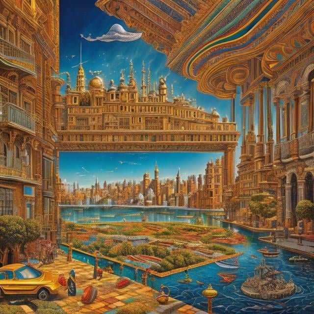 Prompt: Ferdinando Galli Bibiena In full colour, Mati Klarwein, Surreal, mysterious, bizarre, fantastical, fantasy, Sci-fi fantasy, urban imagination, solo girl, beautiful blonde miniskirt girl Alice, lovely perfect voluminous physical body, vertical parallel city, metropolis on paper, perspective view, cross-sectional view, baseball team, time-space locomotive, hyper detailed masterpiece high resolution definition quality, depth of field, cinematic lighting 