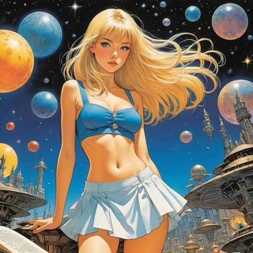 Prompt: Dave Gibbons, Adolf Born, Karel Franta, Ken Niimura, Cam Kennedy full colours, Surrealism, Mysterious, Weird, Outlandish, Fantasy, Sci-Fi, Japanese Anime, Alice, a beautiful blonde miniskirt girl who collects star fragments and puts them into an illustrated book, perfect voluminous body, Being a collector is not easy, detailed masterpiece 