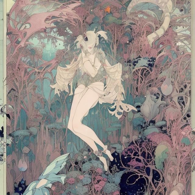 Prompt: John Anster Fitzgerald, George Barbier, Charles Robinson Anime　surreal　absurderes　wondrous　strange　Whimsical　Sci-Fi Fantasy　Girly perfect body, flaunting, scanty clothes　Reflecting all the forests of the universe、The Secret of Containment　Grasp the greatest universe within the smallest universe　Microcosmos