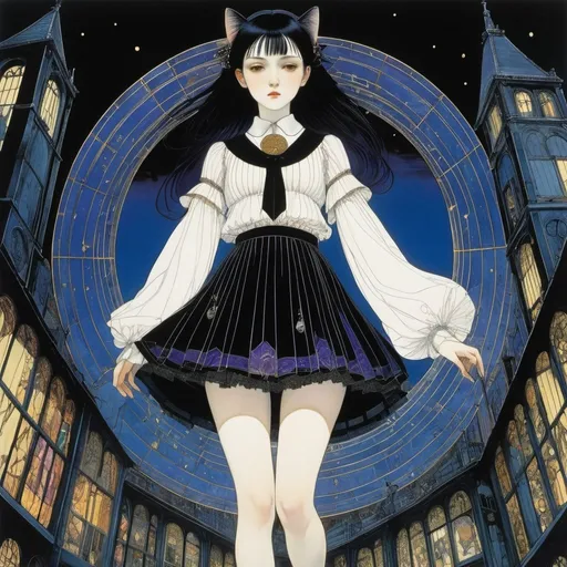 Prompt: Harry Clarke, Pietro Annigoni, Frances MacDonald, Surreal, mysterious, strange, fantastical, fantasy, Sci-fi, Japanese anime, the labyrinth and cage inside a miniskirt beautiful high school girl, perfect voluminous body, a lost cat, a city late at night, detailed masterpiece low high angles 