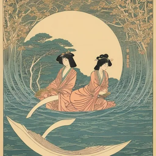 Prompt: Woodblock print Walter Crane Ukiyo-e style Helen nyce, Art Deco style Anime Surreal Mysterious Strange Fantastic Fantasy Sci-fi Fantasy Beautiful girl perfect body, Queen's eyes Chemistry, botany, zoology, physics Falling moon