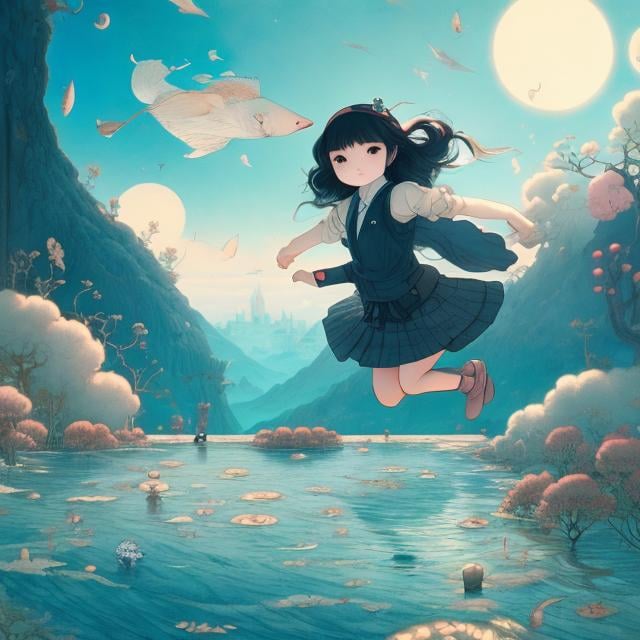 Prompt: James Jean, kate Greenaway, Surreal, mysterious, strange, fantastical, fantasy, Sci-fi, Japanese anime, school route, miniskirt high school girl, swimming on a huge moon, wide angle, detailed masterpiece 