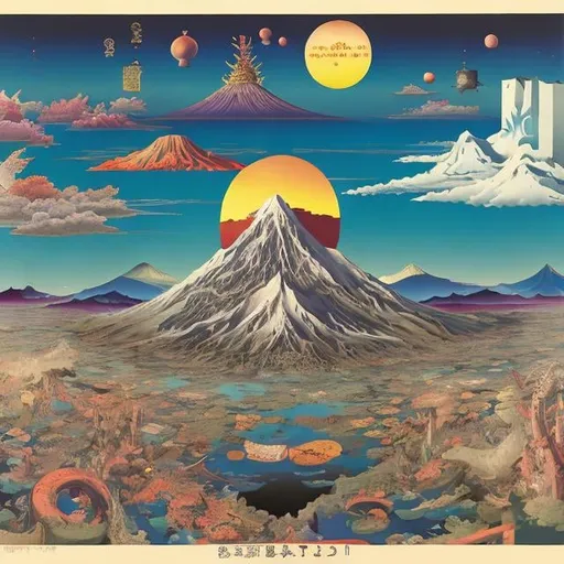 Prompt: Tadanori Yokoo, Alice Boyd, Surreal, mysterious, bizarre, fantastical, fantasy, Sci-fi, Japanese anime, Buddhist cosmology, Mt. Sumeru and paradise. Mt. Sumeru is about 560,000 kilometers high, and is an imaginary high peak where Tenjin and others live. There are 3,000 magnificent universes centered around Mt. Sumeru. A thousand worlds, reincarnation, hell, the infinitesimal sun and moon, Alice, a beautiful blonde miniskirt girl who attains enlightenment, perfect body, detailed masterpiece 
