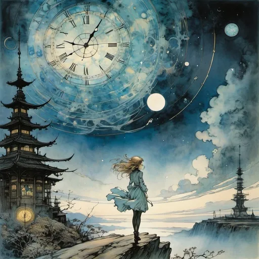 Prompt: Arthur Rackham, Yuu Watase, Surreal, mysterious, strange, fantastical, fantasy, sci-fi, Japanese anime, the clock slows down in the distance, a beautiful airplane girl, perfect voluminous body, the margins of existential philosophy, the crab nebula's radio broadcast, detailed masterpiece 