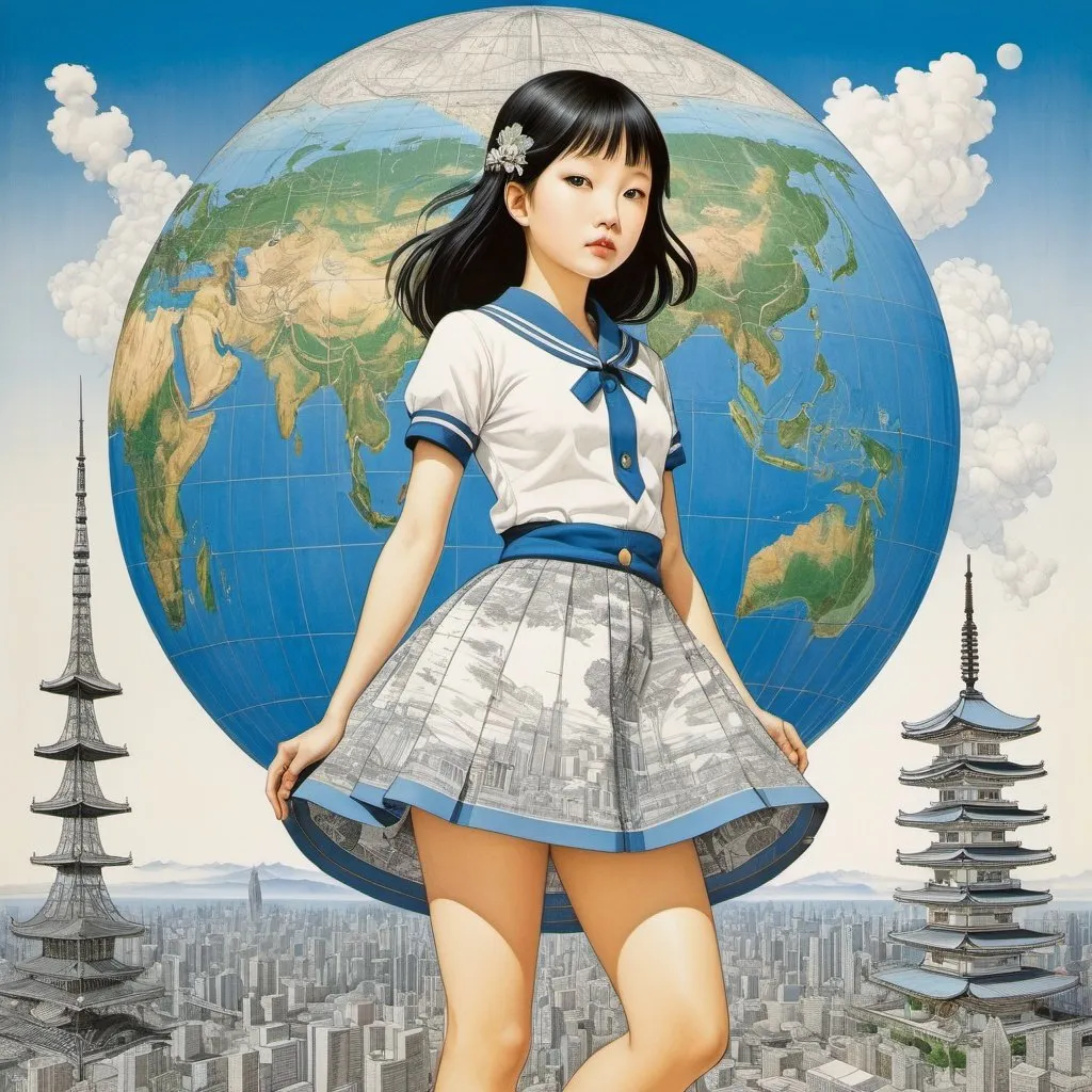 Prompt: Yuko Higuchi, José Villarrubia, Jae Lee, Ed Valigursky, Margaret Tarrant, Surrealism, wonder, strange, fantastical, fantasy, Sci-fi, Japanese anime, paper architecture and blueprints of the earth, perspective drawings, cross-sectional views, miniskirt beautiful girl designer, perfect voluminous body, detailed masterpiece low high angles 