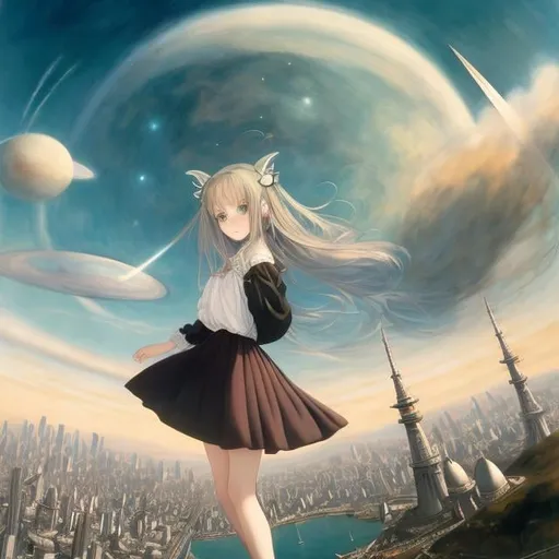 Prompt: Leonora Carrington, Kate Greenaway, Japanese anime, Surreal, mysterious, strange, bizarre, fantasy, sci-fi fantasy, planets of the solar system surrounding Tokyo Tower, high school girl in miniskirt, hyper detailed high resolution high definition high quality masterpiece 