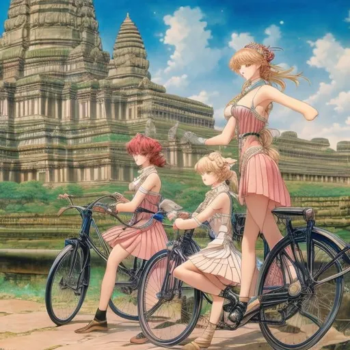 Prompt: Walter Crane, Barbara Cooney, François-Louis Schmied, Japanese anime mysterious strange bizarre surreal sci-fi fantasy miniskirt high school girl bicycle trip Angkor Wat, hyper detailed high resolution high definition high quality masterpiece, face detailed hands detailed