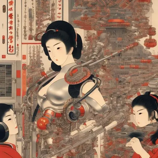 Prompt: Ukiyo-e style Masamune Shirow, Katsuhiro Otomo, fine lines Anime surreal wonder strange fantasy Sci-fi fantasy cyborg girl perfect body under repair laboratory machine tube gear Skintight metallic low cut suits, smiling, hyper detailed, high resolution definition quality masterpiece, depth of field, focus