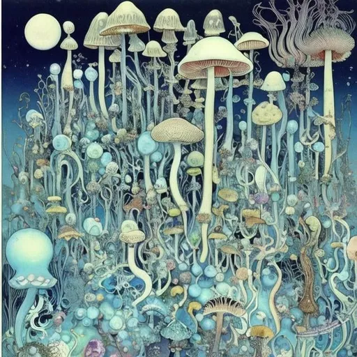 Prompt: Kay Nielsen Anime　wondrous　strange　Whimsical　surreal　absurderes　fanciful　Sci-Fi Fantasy　This is an event in a dream? No that's not right、After all......、Fossils of ground dragons, bird nuts, mushroom gardens ... I remember it all.。The bursting sound of bubbles of light blue carbonated water that still continues even after waking up from sleep、Inviting me into another dimension again