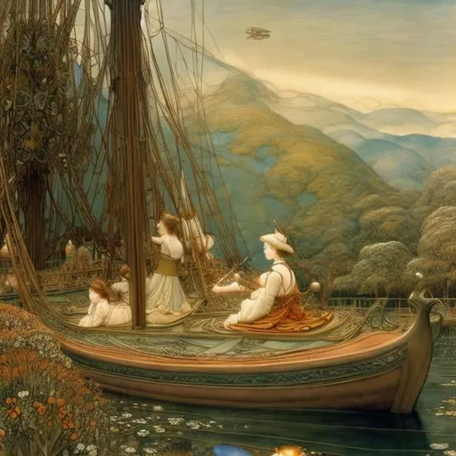 Prompt: Richard Dadd, Arthur Rackham Surreal, mysterious, bizarre, fantastical, fantasy, Sci-fi, Japanese anime, natural voyage, discovery of new species, birds, fish, sailing ships and compasses, beautiful girl navigator, detailed masterpiece depth of field cinematic lighting 