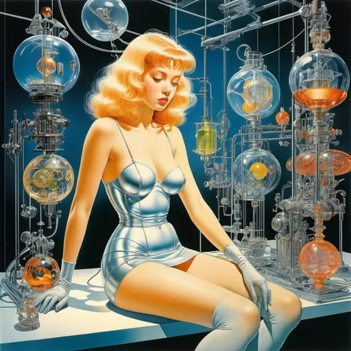 Prompt: Hans Bellmer, Virgil Finlay, Cardwell Higgins, Vaughan Bass, Tsutomu Nihei full colours, Surrealism Mysterious Weird Fantastic Fantasy Sci-fi, Japanese Anime, Assembling a glass automaton, Miniskirt beautiful girl doctor, Laboratory, Mechanical engineering, Soft glass, detailed masterpiece 