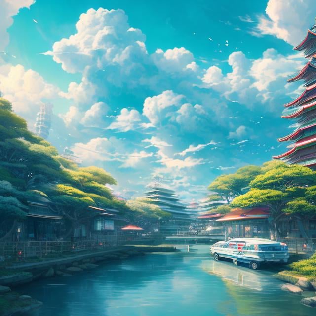 Prompt: Japanese style, James Jean, Anime, Mysterious Strange Fantastic Sci-Fi Fantasy, Tokyo scenery, City area, Ammonite stairs, Conch elevator, Crab taxi, Miniskirt beautiful voluminous perfect body girl strolling, Pale blue sky, Clouds, hyper detailed, high resolution high definition high quality masterpiece, fine lines, face detailed