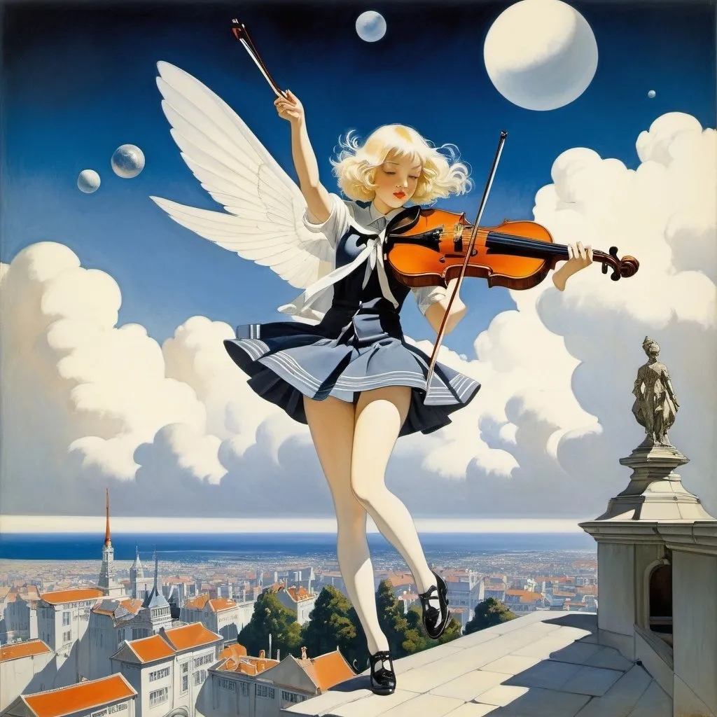 Prompt: Rolf Gohs, Maximilian Liebenwein, Kay Nielsen, Dean Cornwell, Sheilah Beckett, Surrealism, strange, bizarre, fantastical, fantasy, Sci-fi, Japanese anime, violin and spaceship, beautiful miniskirt high school girl flying, perfect voluminous body, detailed masterpiece 