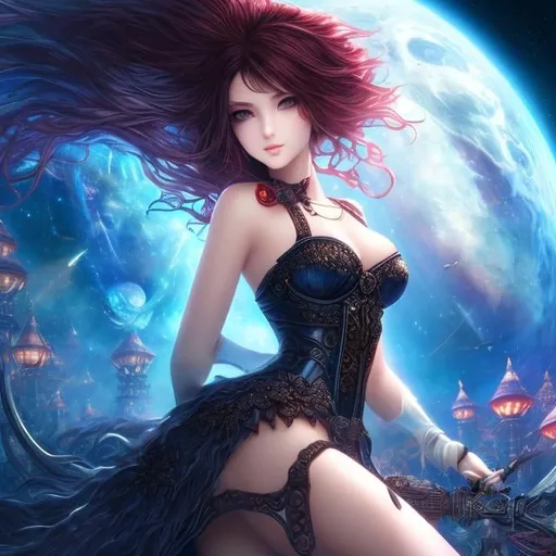 Prompt: Anne Stokes, Katsuhiro Otomo, Surreal, mysterious, strange, fantastical, fantasy, Sci-fi, Japanese anime, Leviathan, violin voice, miniskirt beautiful girl puppet party, perfect voluminous body, amusement park on the dark side of the moon, detailed masterpiece depth of field cinematic lighting 