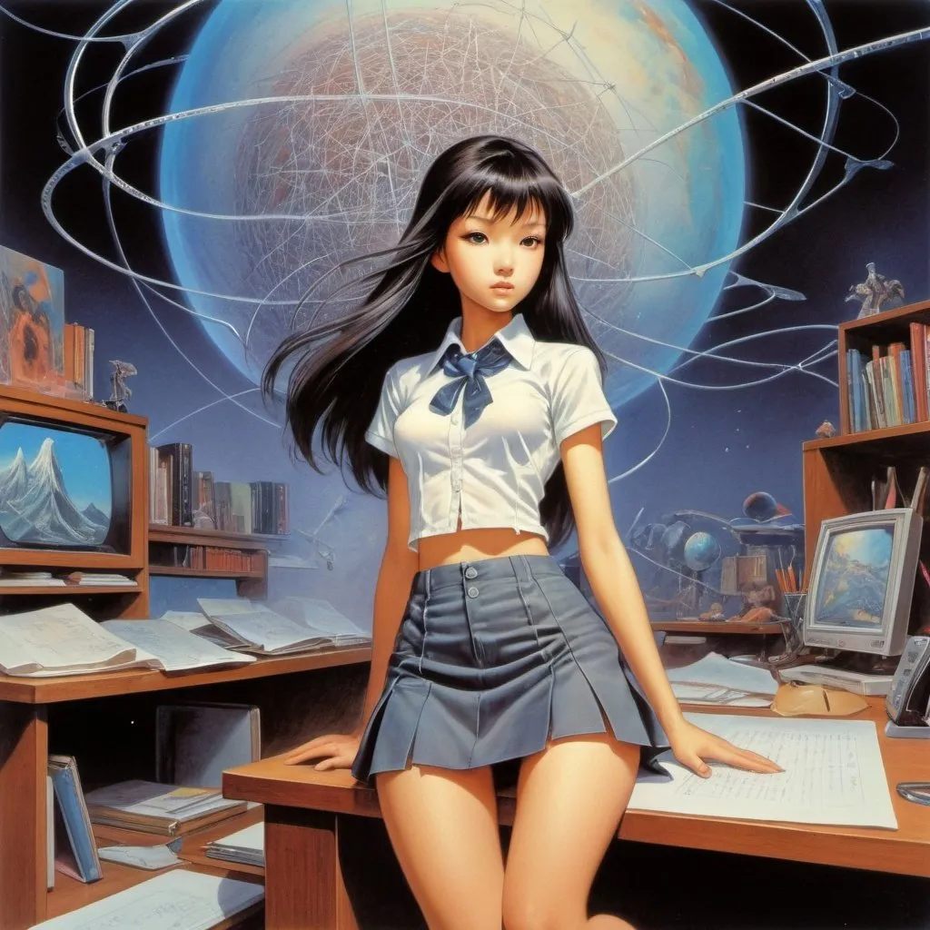 Prompt: John Harris, Bruce Pennington, Yuu Watase, Minako Narita, A E Marty, Surrealism, mysterious, strange, bizarre, fantasy, Sci-fi, Japanese anime, drawing from the mind onto paper, visualization of the network of imagination, miniskirt beautiful high school girl's homework time, perfect voluminous body, detailed masterpiece 