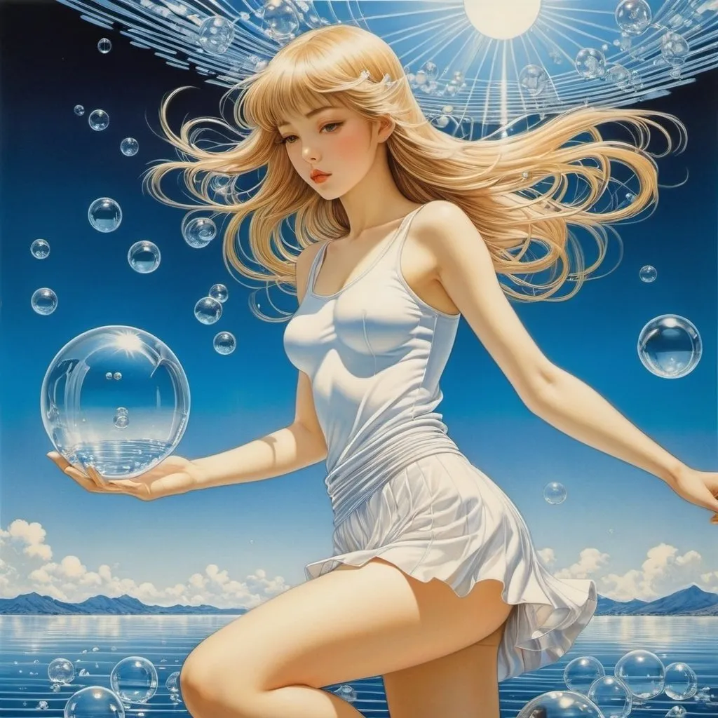 Prompt: Walter Crane, Hasui Kawase, Piotr Socha, Marta Ignerska, Hajime Sorayama, Surrealism Mysterious Bizarre Fantastic Fantasy Sci-fi, Japanese Anime, Water Printing, Miniskirt Beautiful Girl Artist, Air Bubbles, detailed masterpiece 