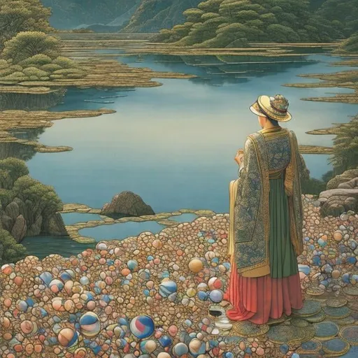 Prompt: Walter Crane, Hasui Kawase, Surreal, mysterious, strange, fantastical, fantasy, Sci-fi fantasy, anime, wonderland of shining materials, glass, marbles, characteristics of materials, Gearman, lens, spherical glass, optical design, art, girl, detailed masterpiece 