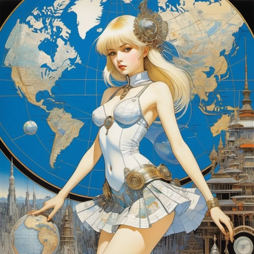Prompt: Harry Clarke, Hajime Sorayama, Masamune Shirow, Kelly Freas, Max Ernst, Surrealism, Mysterious, Bizarre, Outlandish, Fantasy, Sci-Fi, Japanese Animation A "map" is the desire to create a "world", and modernity is a project to draw the world on a "single continuous plane" - a paper city on a map Plan: Blueprints, cross-sectional diagrams, route maps: Alice, a beautiful blonde miniskirt girl walking through the map, perfect voluminous body, detailed masterpiece 