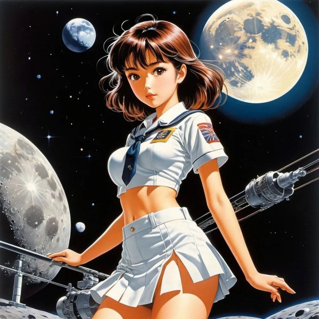 Prompt: Stanley Roy Badmin, Fred Spurgin, Agnes Richardson, Ryō Azumi, Akira Amano, Surrealism Mysterious Weird Fantastic Fantasy Sci-fi, Japanese Anime, Miniskirt Beautiful High School Girl Making Copper Prints on the Moon, perfect voluminous body, detailed masterpiece 