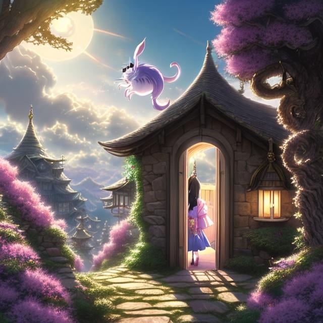 Prompt: Hayao Miyazaki Anime Surreal Mysterious Weird Fantastic Fantasy Sci-Fi Fantasy Girl Alice Home Study Room The door opens and the Cheshire Cat peeks in