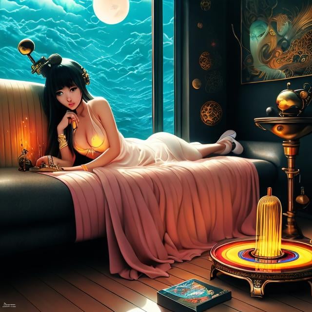 Prompt: Andres Barrioquinto, Kore Yamazaki, Surreal, mysterious, strange, fantastical, fantasy, Sci-fi, Japanese anime, cracked wasteland, gramophone, flowing musical score, beautiful girl relaxing on the sofa, detailed masterpiece 