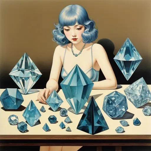 Prompt: George Barbier, Hajime Sorayama, Hans Bellmer, Yuko Higuchi, Mabel Attwell, Surrealism, Mysterious, Bizarre, Outlandish, Fantasy, Sci-fi, Japanese Anime, Recipe and illustrations for dividing fluorite into octahedrons, Table of elements and corresponding minerals, Experimental method for making crystals, Beautiful high school girl in a miniskirt who falls in love with minerals, perfect voluminous body, detailed masterpiece 