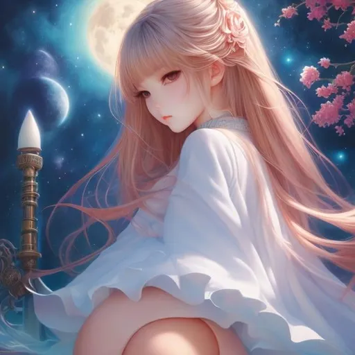 Prompt: Ul de Rico, heikala, Surreal, mysterious, strange, fantastical, fantasy, Sci-fi, Japanese anime, pictures and paintings, heaven, earth, people, mimesis, dragons and samurai, hymn to the moon, miniskirt beautiful girl Alice, perfect voluminous body, detailed masterpiece high resolution definition quality