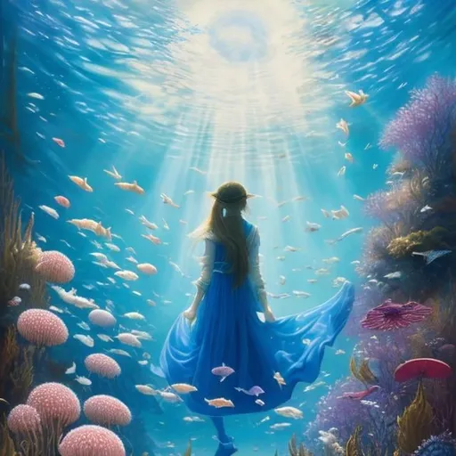 Prompt: Margaret Tarrant, TRAN NGUYEN, Sulamith Wülfing, Florence Harrison, Japanese anime, girl swimming in ocean of time, stars at the bottom of sea, celestial model, going back to tomorrow, surreal wonder strange bizarre sci-fi fantasy, hyperdetailed high RE high definition high quality masterpiece 