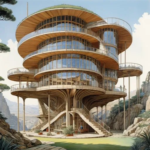 Prompt: Paolo Soleri, Lebbeus Woods, Surreal, mysterious, strange, fantastical, fantasy, Sci-fi, Japanese anime, transparent house, glass architecture, blueprints, perspective and cross-sectional views, beautiful high school girl in miniskirt, perfect voluminous body, detailed masterpiece hand colour drawings