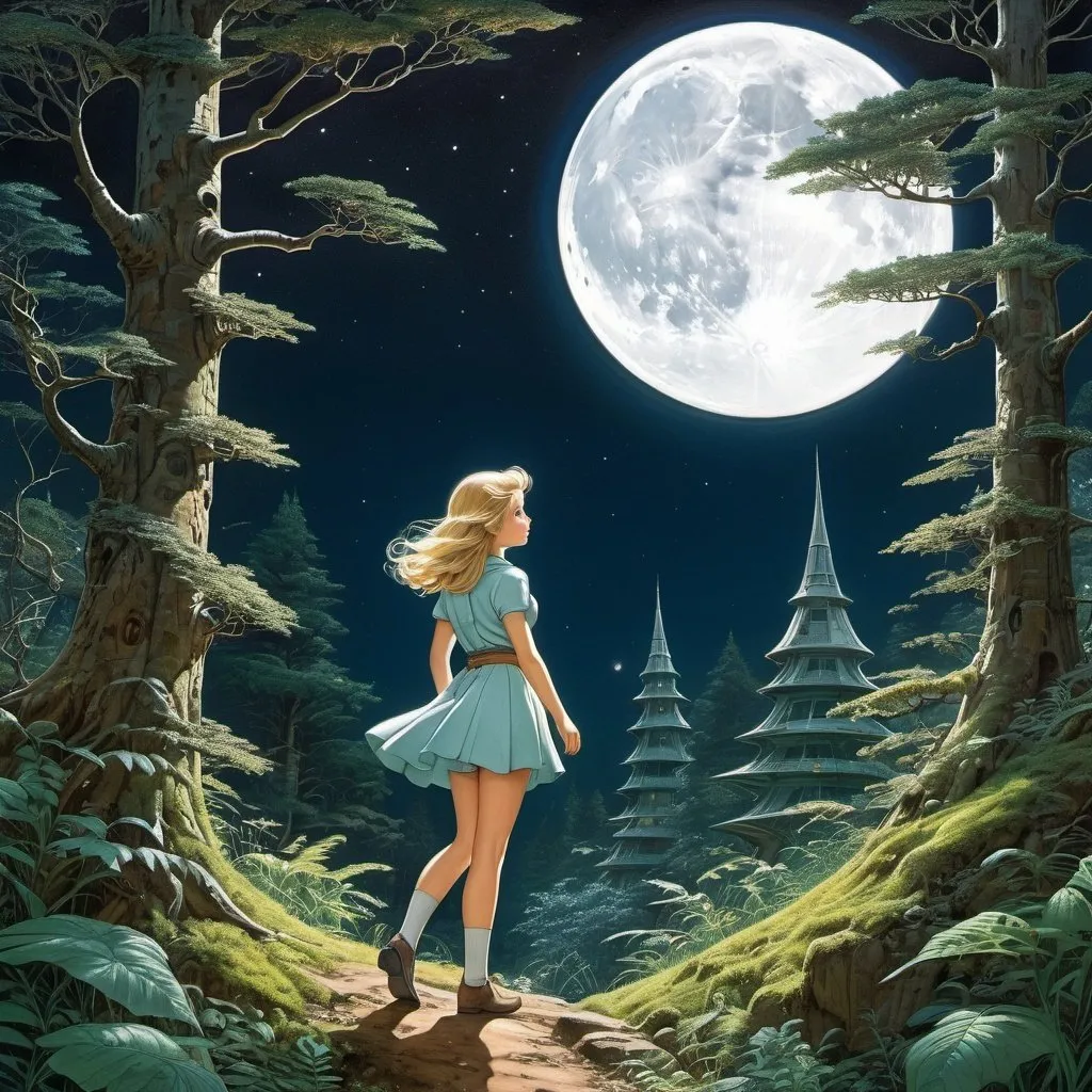 Prompt: Richard Oelze, Elsa Maartman Beskow, Surreal, mysterious, strange, fantastical, fantasy, Sci-fi, Japanese anime, miniskirt beautiful girl mineralogist peeking into the forest, perfect voluminous body, crescent moon and spaceship, phase of the moon, trees that look like mechanical architecture, detailed masterpiece perspectives angles