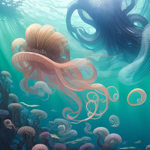 Prompt: Heikala, Maurice Sendak, Ukiyo-e style surreal mysterious strange bizarre fantasy sci-fi fantasy octopus house floating jellyfish kelp forest girl