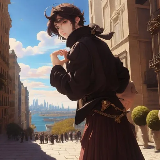 Prompt: Felix Lorioux, Tintoretto, Surreal, mysterious, strange, fantastical, fantasy, Sci-fi, Japanese anime, miniskirt beautiful bard, perfect voluminous body, singing an epic poem on a street corner in NY, a galaxy in the blue sky, detailed masterpiece 