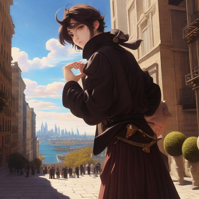 Prompt: Felix Lorioux, Tintoretto, Surreal, mysterious, strange, fantastical, fantasy, Sci-fi, Japanese anime, miniskirt beautiful bard, perfect voluminous body, singing an epic poem on a street corner in NY, a galaxy in the blue sky, detailed masterpiece 