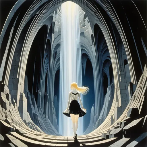 Prompt: Kay Nielsen, Georges de La Tour, Juan Gris, Surreal, mysterious, strange, fantastical, fantasy, Sci-fi, Japanese anime, minerals sing, crystal palace in the underground labyrinth, streaks of light leaking from the ground, beautiful high school girl in a miniskirt looking up at the sparkling cave, perfect voluminous body, detailed masterpiece low high angles 