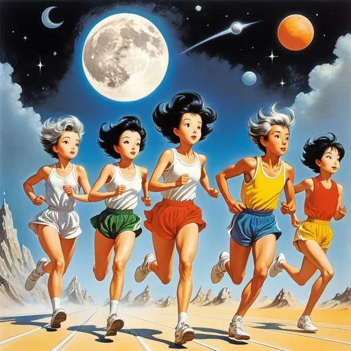 Prompt: André Franquin, Patrick Woodroffe, Leonora Carrington, Naoko Takeuchi, Margaret Tarrant, Surrealism, wonder, strange, bizarre, fantasy, Sci-fi, Japanese anime, Sports day on the other side of the moon, short-haired boyish beautiful girl in gym clothes running in the baton relay, perfect voluminous body, detailed masterpiece 