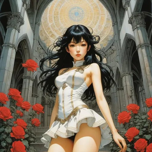 Prompt: Kumataro Ito, Allen Anderson, Jin Goto, Takato Yamamoto, Norman Saunders, Tony Taka, Surrealism Mysterious Weird Fantastic Fantasy Sci-Fi, Japanese Anime Cathedral of a Mini-Skirt Beautiful Girl Goddess, perfect voluminous body, Library of Babel” Instruction manual, blueprints, cross-sections Vacant City Cemetery of Roses, detailed masterpiece 