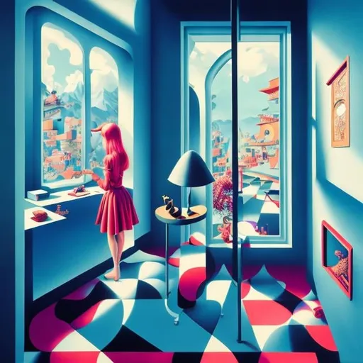 Prompt: M c Escher, vibrant colour, Emiliano Ponzi, Surreal, mysterious, strange, fantastical, fantasy, Sci-fi, Japanese anime, chessboard in front of a mirror, solo beautiful blonde miniskirt girl Alice, perfect voluminous body, the world on the other side, a human mannequin without a head and arms, philosophy as a world, a reflective labyrinth, hyper detailed masterpiece colourful hand drawings