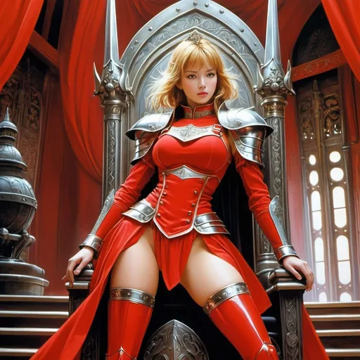 Prompt: Anne Anderson, Keith Parkinson, Surreal, mysterious, strange, fantastical, fantasy, sci-fi, Japanese anime, the commander of the knights in red armor, the throne room where he protects the miniskirt beautiful princess, perfect voluminous body, detailed masterpiece dynamic action 