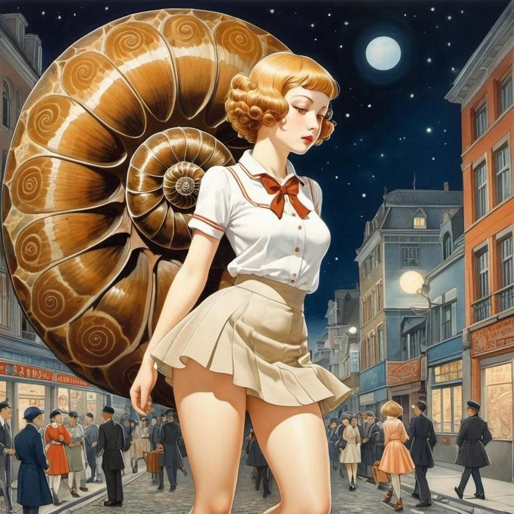 Prompt: François-Louis Schmied, John Austen, Gerda Wegener, Adrienne Segur, Surrealism, wonder, strange, bizarre, fantasy, Sci-fi, Japanese anime, giant ammonite fossil, deserted late night city, miniskirt beautiful high school girl's dream walk, perfect voluminous body, detailed masterpiece perspectives