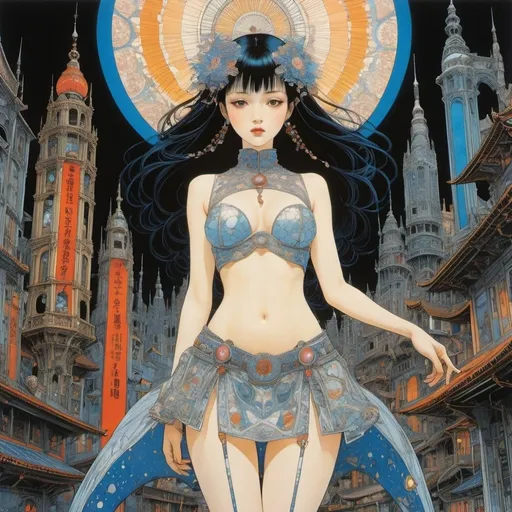 Prompt: Harry Clarke, J. Carlos, Luis Felipe Noé, Katsuya Terada, Yukari Higa, Surrealism, strange, bizarre, fantastical, fantasy, Sci-fi, Japanese anime, architecture of the retina, loss of three-dimensionality, space of smell, shape of touch, image of muscles and bones, beautiful girl architect in miniskirt, perfect voluminous body, detailed masterpiece 