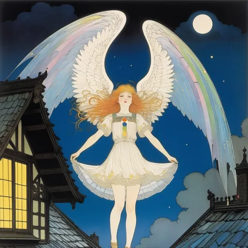 Prompt: Harry Clarke, Alfred Freddy Krupa, Ida Rentoul Outhwaite, Pamela Lofts, Surrealism, wonder, strange, fantastical, fantasy, Sci-fi, Japanese anime, beautiful angel in a miniskirt under the eaves, perfect voluminous, sheltering from the rain, looking up at the rainbow in the distance, detailed masterpiece
