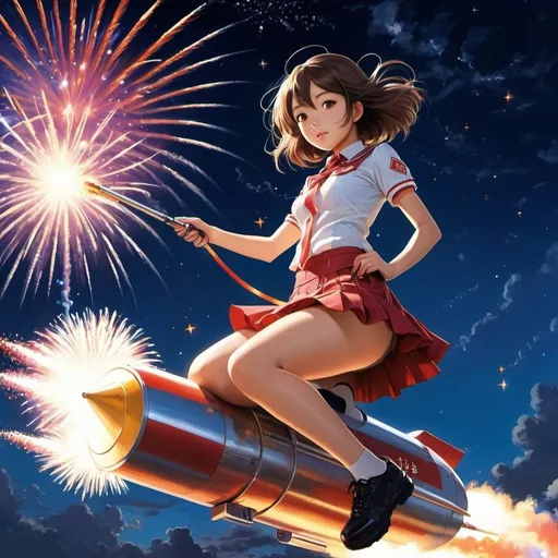 Prompt: Naoyuki Kato, Peter Andrew Jones, Surreal, mysterious, bizarre, fantastical, fantasy, sci-fi, Japanese anime, miniskirt beautiful high school girl riding rocket fireworks, perfect voluminous body, aiming for the starry sky, detailed masterpiece low high angles 