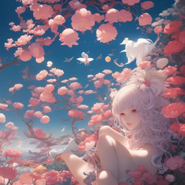 Prompt: Henriette Willebeek le Mair, Kenji Tsuruta, James Jean, Surreal, mysterious, bizarre, fantastical, fantasy, Sci-fi, Japanese anime, beautiful blonde girl Alice, perfect voluminous body, welcoming bird of Diomedea island, Cephalos's love affair, autophagy of octopus, musical fishing of red flycatcher, cultural device called cafe, from the history of life on Earth to the systematization of astrobiology, detailed masterpiece, depth of field cinematic lighting 