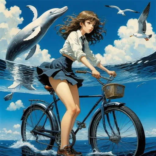 Prompt: Shigeru Tamura, Hiro Fujiwara, Fritz Gareis, Viktor Vasnetsov, Masamune Shirow, Surrealism, wonder, strange, fantastical, fantasy, Sci-fi, Japanese anime, a beautiful high school girl in a miniskirt who travels on a bicycle on a deep blue sea of ​​liquid glass due to surface tension, perfect voluminous body, the slow leap of a whale, a seagull, reflection refraction detailed masterpiece 