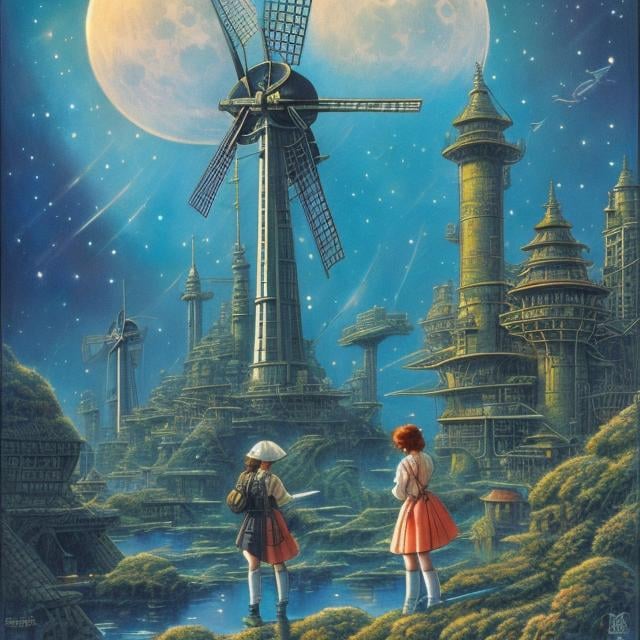 Prompt: Ron Walotsky, Anton Pieck, Japanese Anime, Mysterious Bizarre Sci-Fi Fantasy, Keeping the Moon in an Aquarium, Miniskirt High School Girl, Windmill, Printing Machine, hyperdetailed high resolution high definition high quality masterpiece